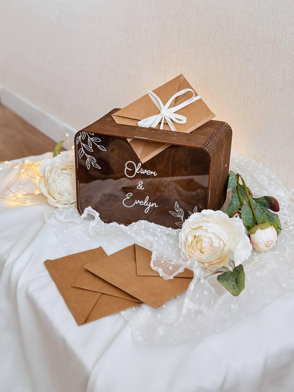 Dark wood personalized wedding card box with lock and custom engraving
