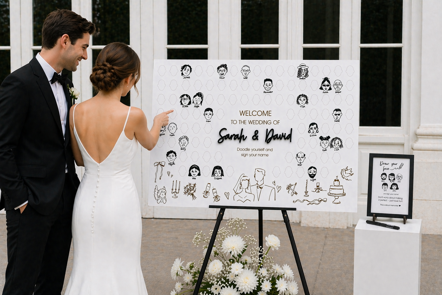 Rectangular wooden draw your face wedding guest book with oval frames

