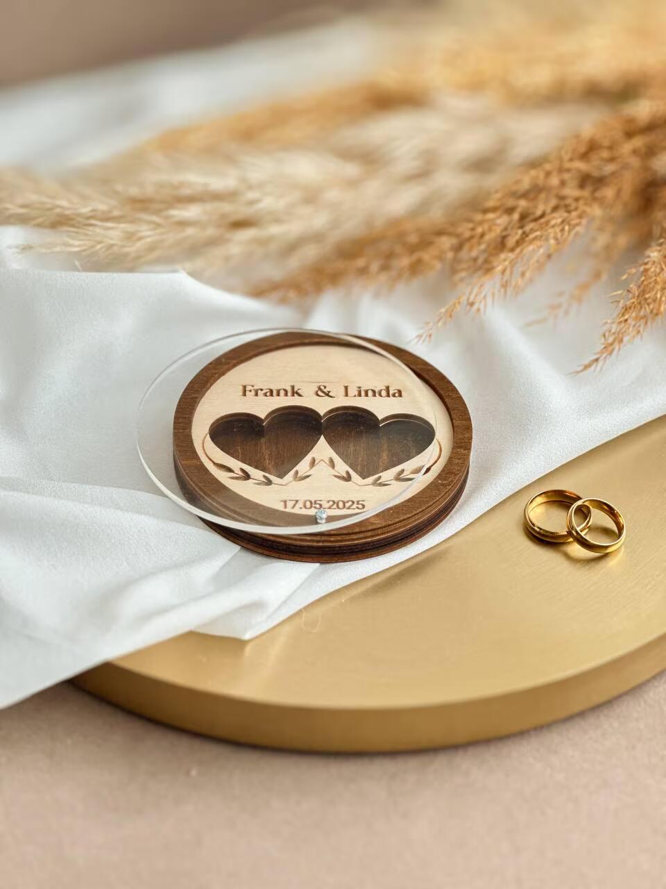 Personalized Round Wooden Ring Box with Double Heart Cutout | Custom Name & Date Engraving | Wedding Ring Bearer Box | Rustic Ceremony Ring Holder