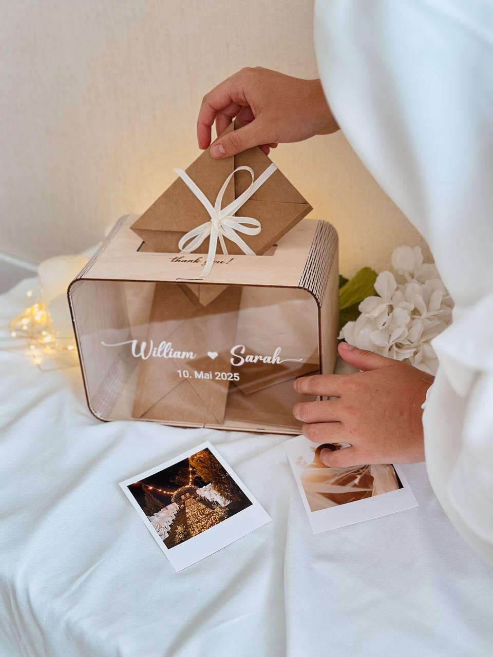 Natural wood wedding card box - guest dropping envelope inside