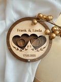 Rustic round wooden ring box with double heart cutout and custom engraving
