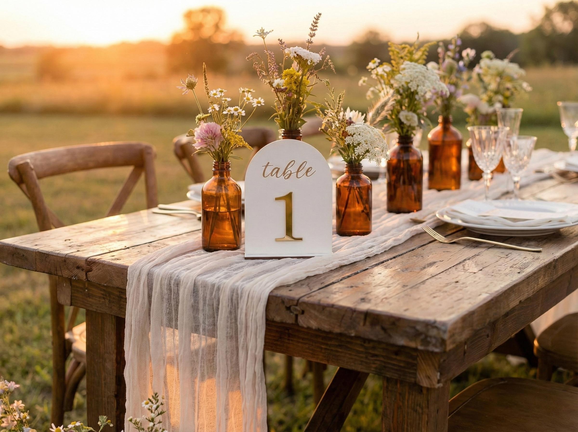 Personalized arch table numbers for boho wedding reception
