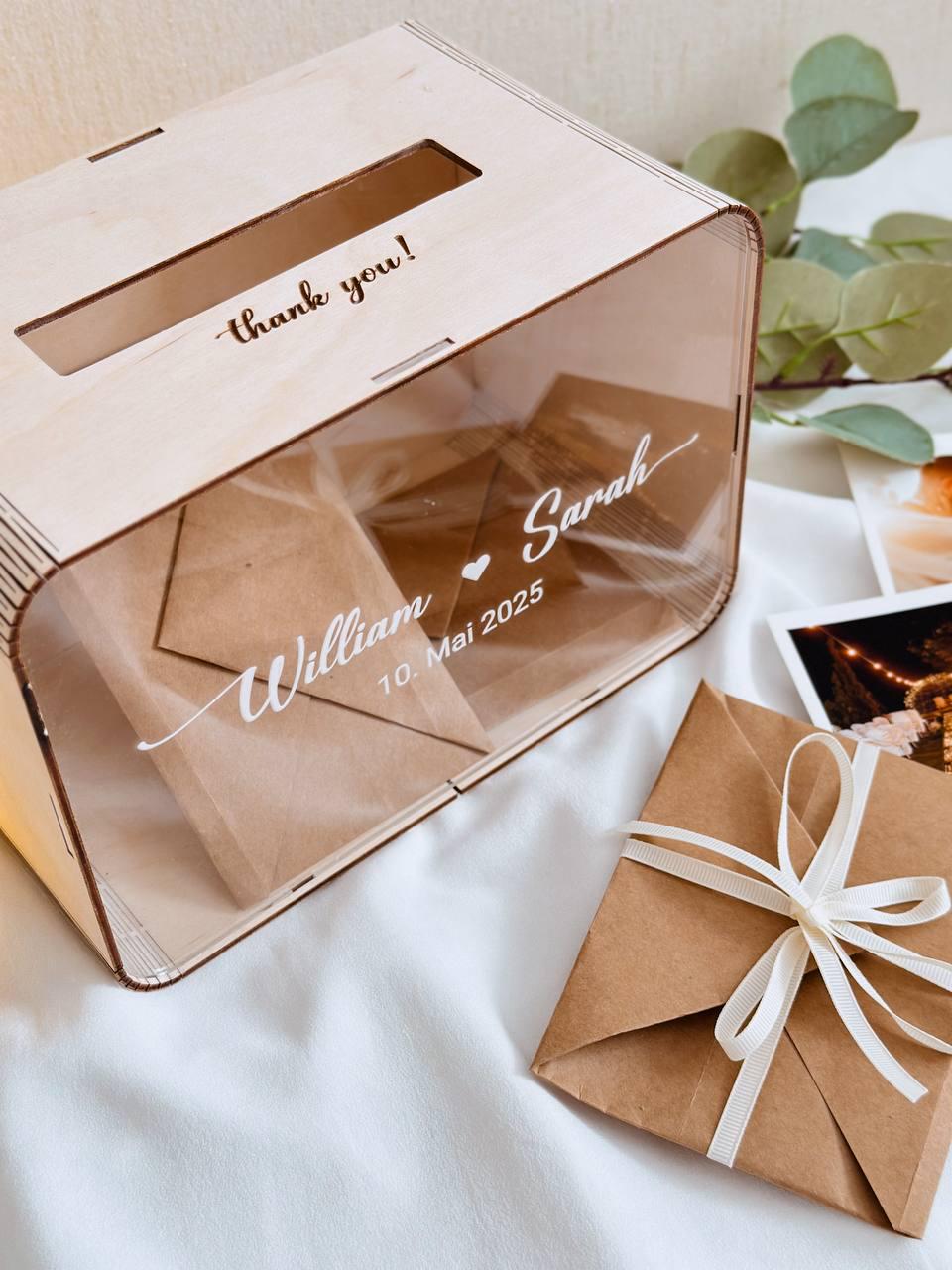 Natural wood wedding card box with lock - lifestyle photo