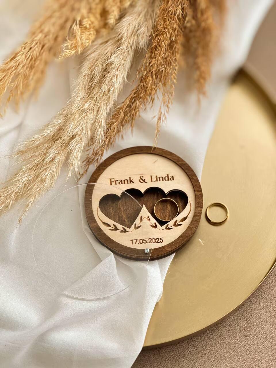 Personalized round ring bearer box with custom names and date
