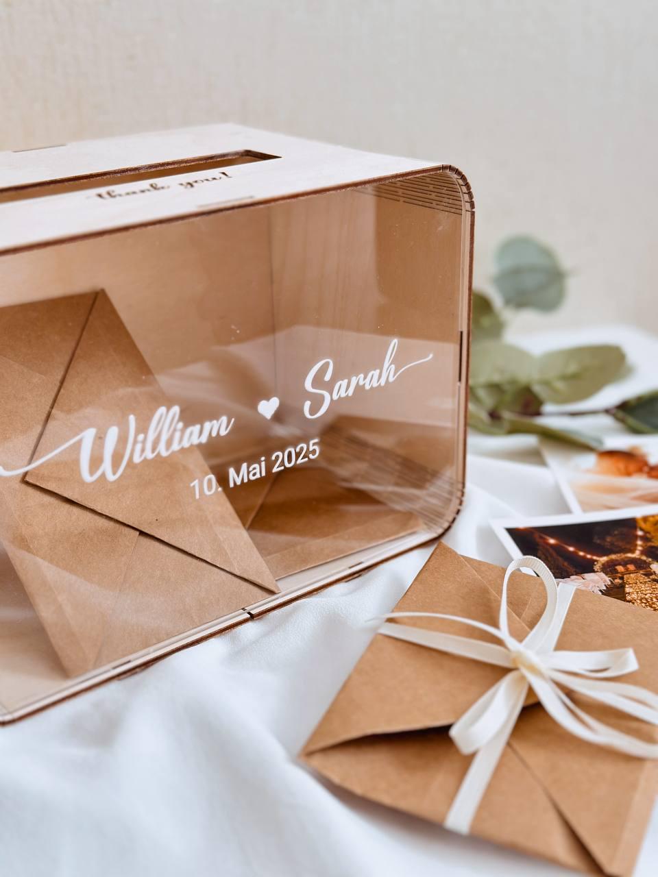 Natural wood personalized wedding card box - detail view