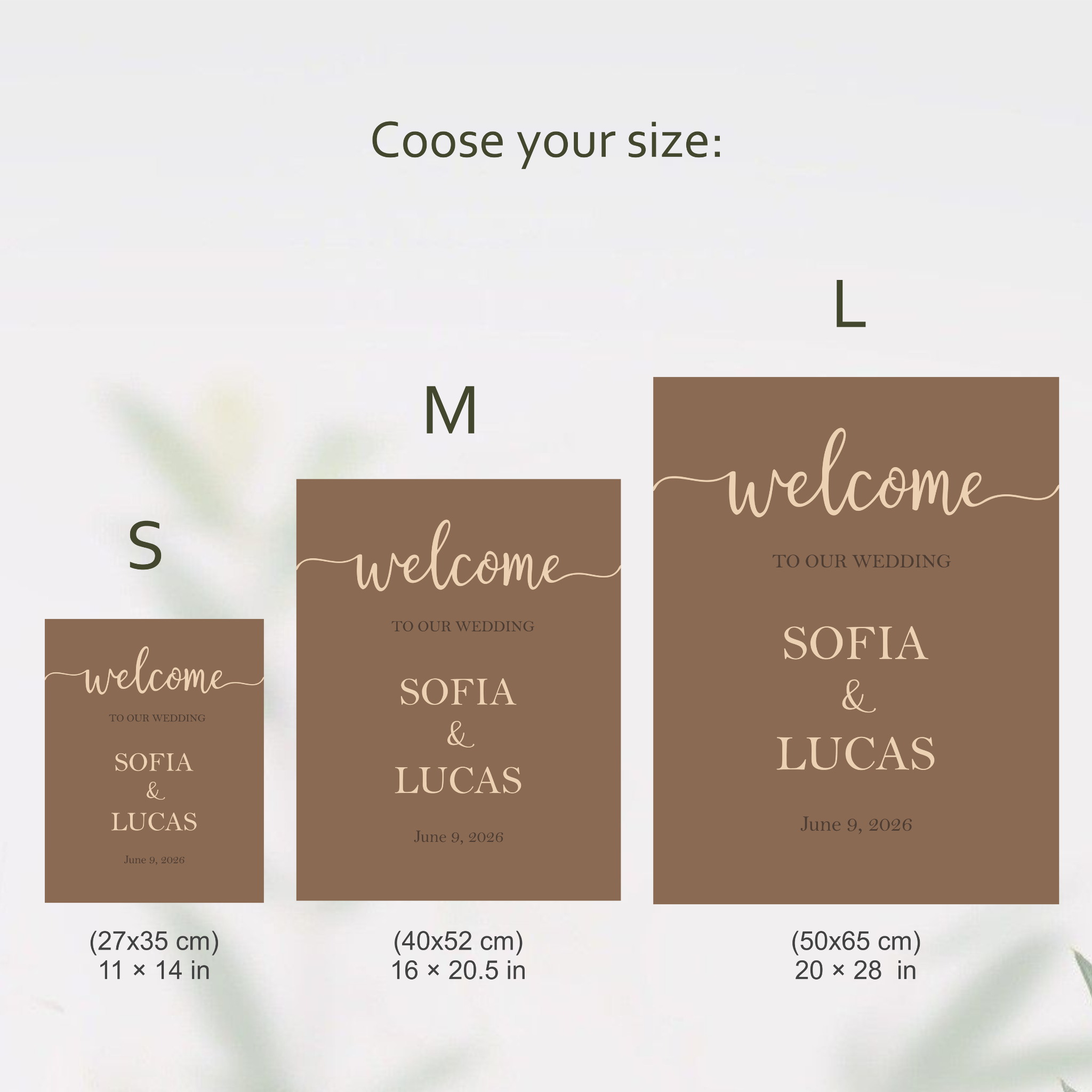 Custom wedding welcome sign three sizes S M L comparison
