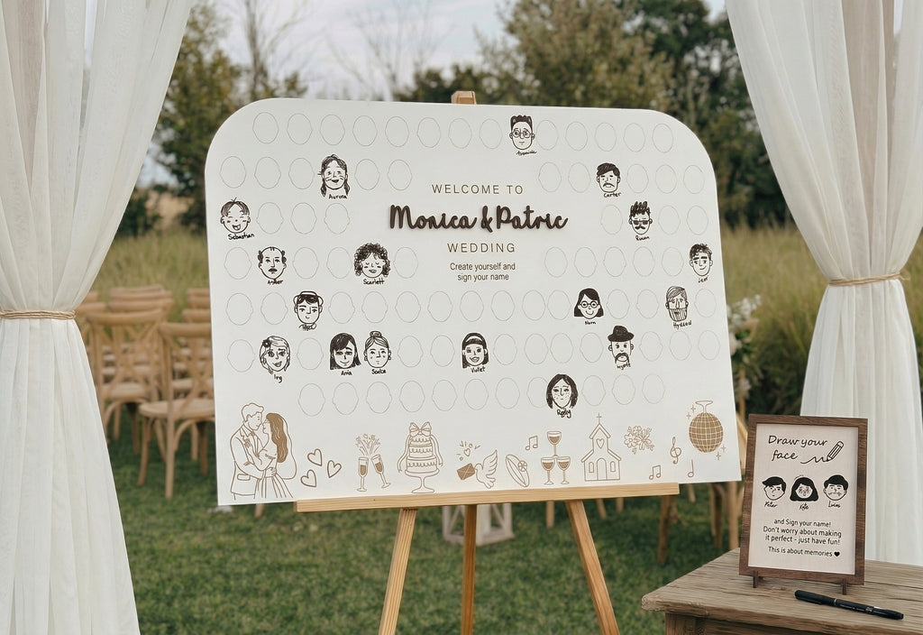 Unique wooden wedding guest book where guests draw portraits
