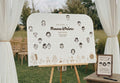 Unique wooden wedding guest book where guests draw portraits
