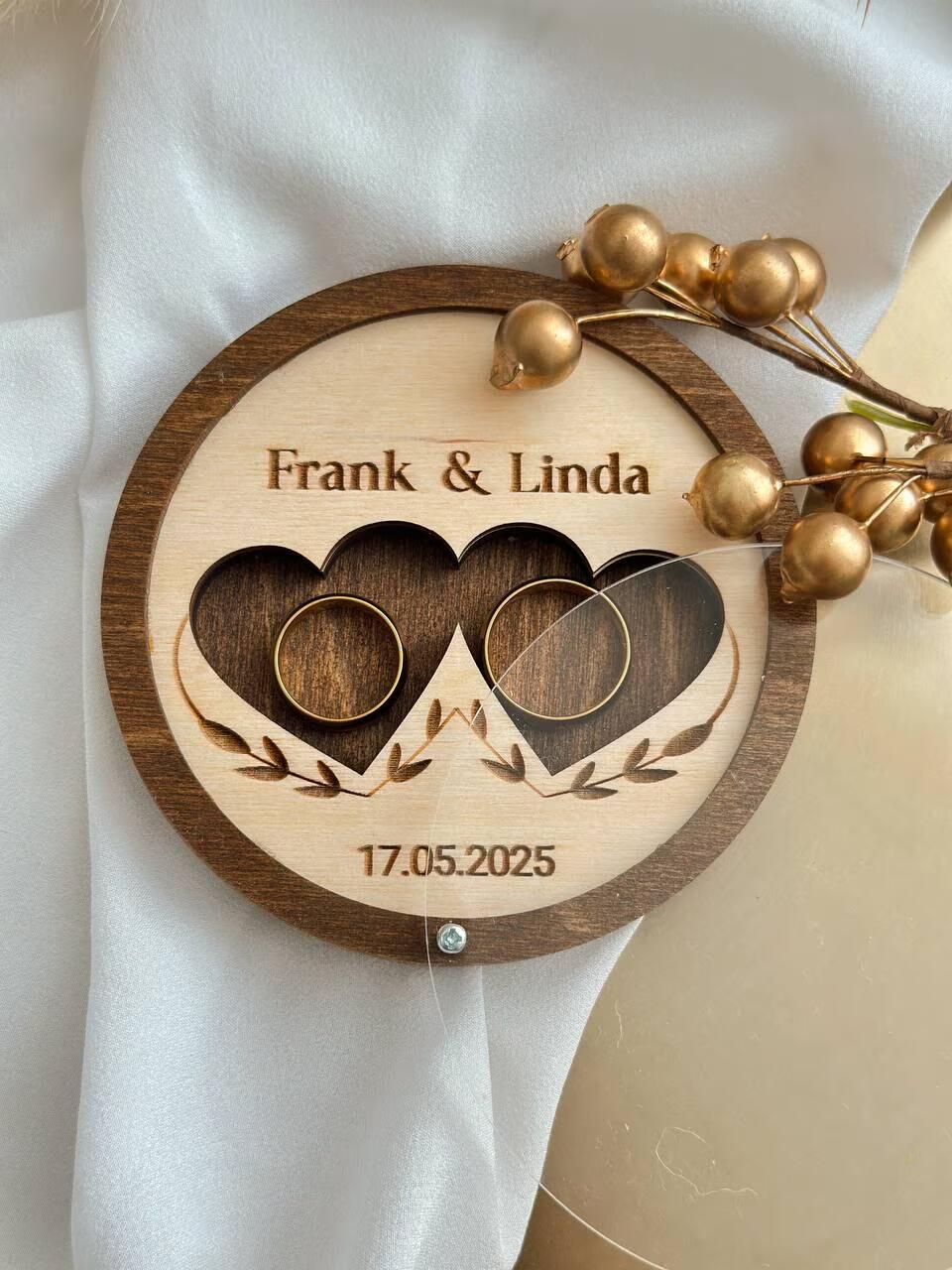 Custom round ring box with name engraving close-up detail
