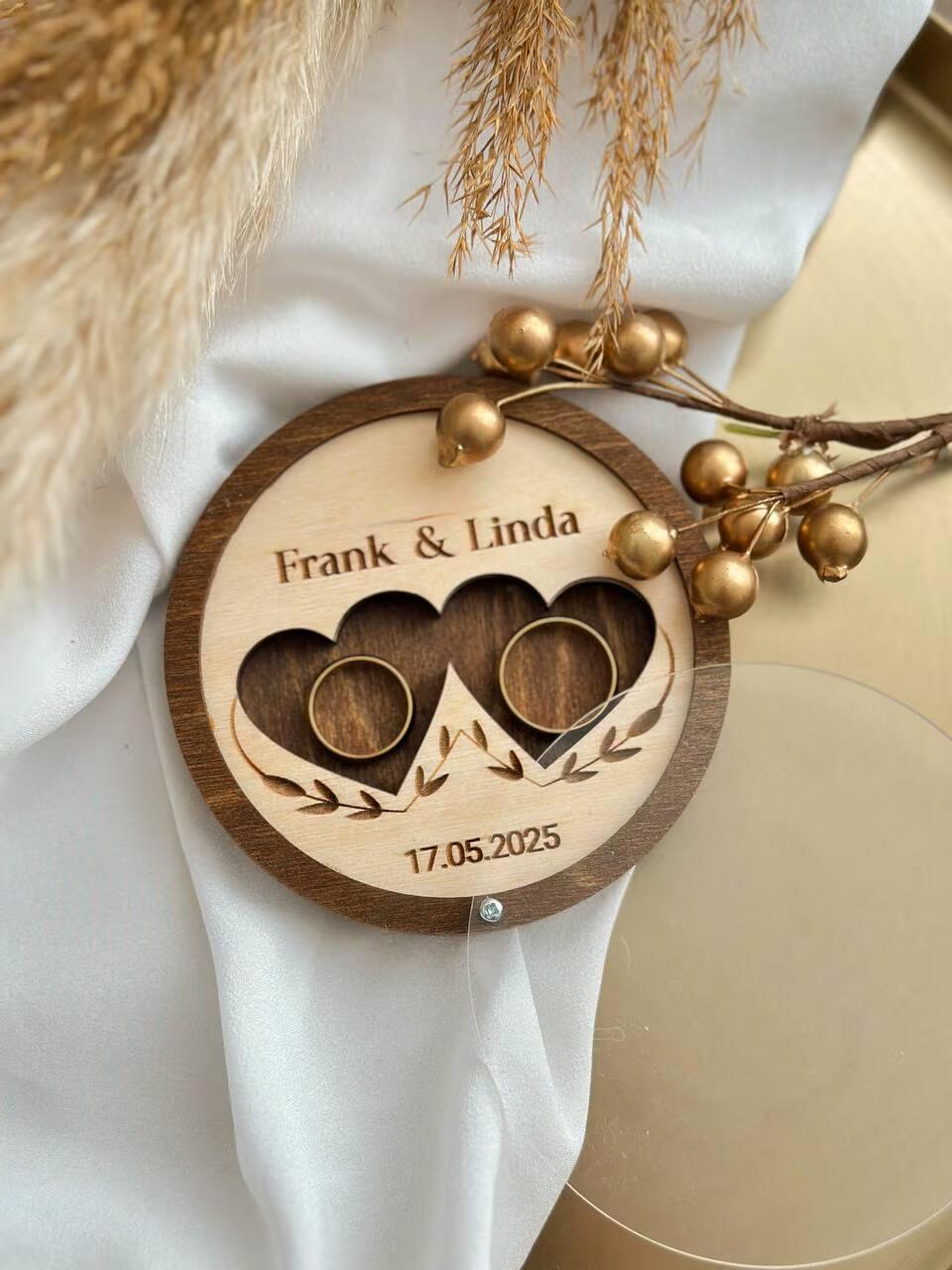 Personalized Round Wooden Ring Box with Double Heart Cutout | Custom Name & Date Engraving | Wedding Ring Bearer Box | Rustic Ceremony Ring Holder