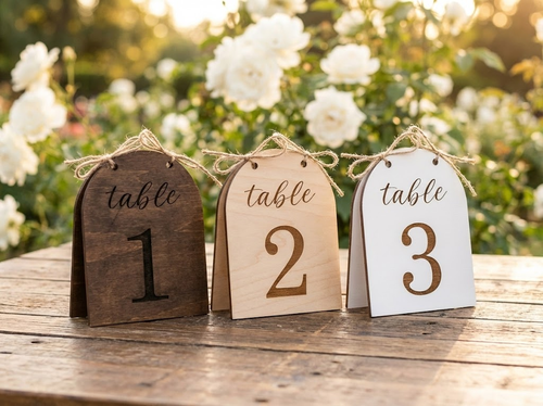 Arch wooden wedding table numbers with jute twine bow
