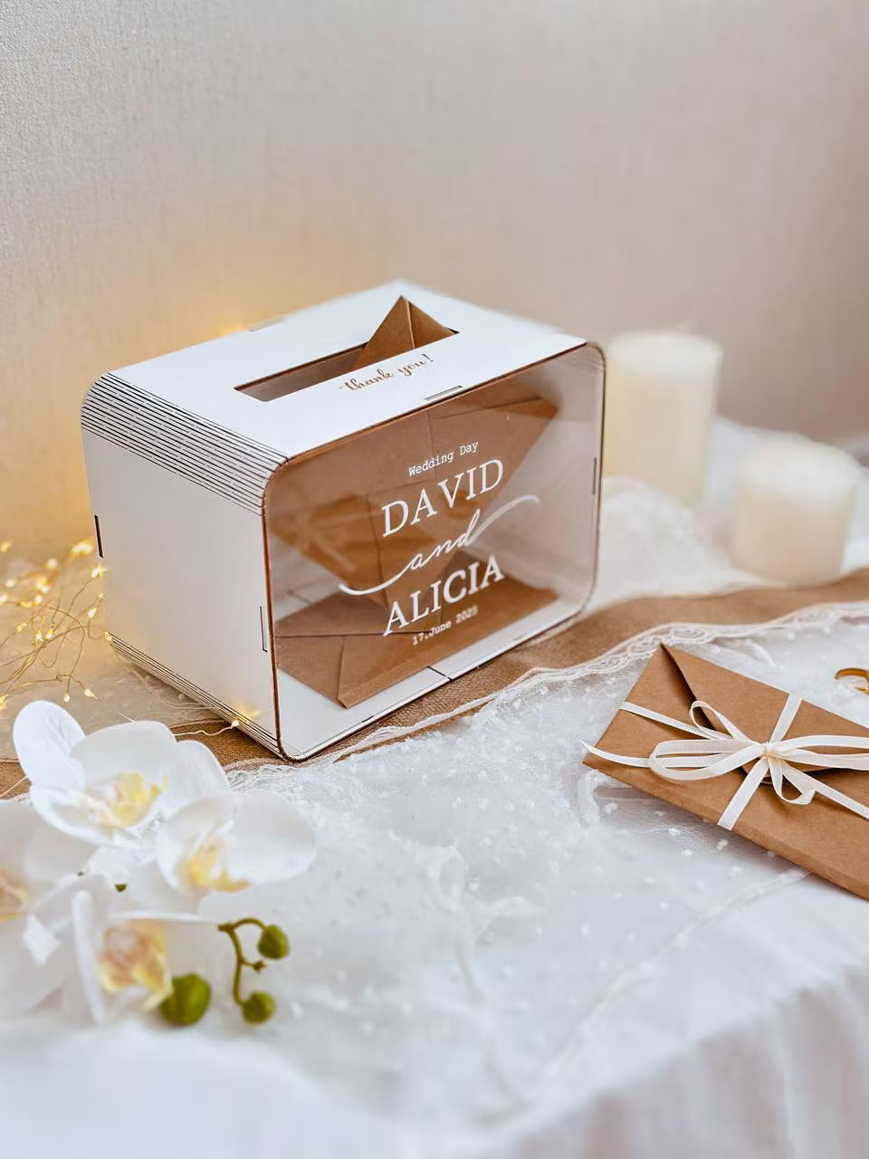 White personalized wedding card box with lock and custom engraving