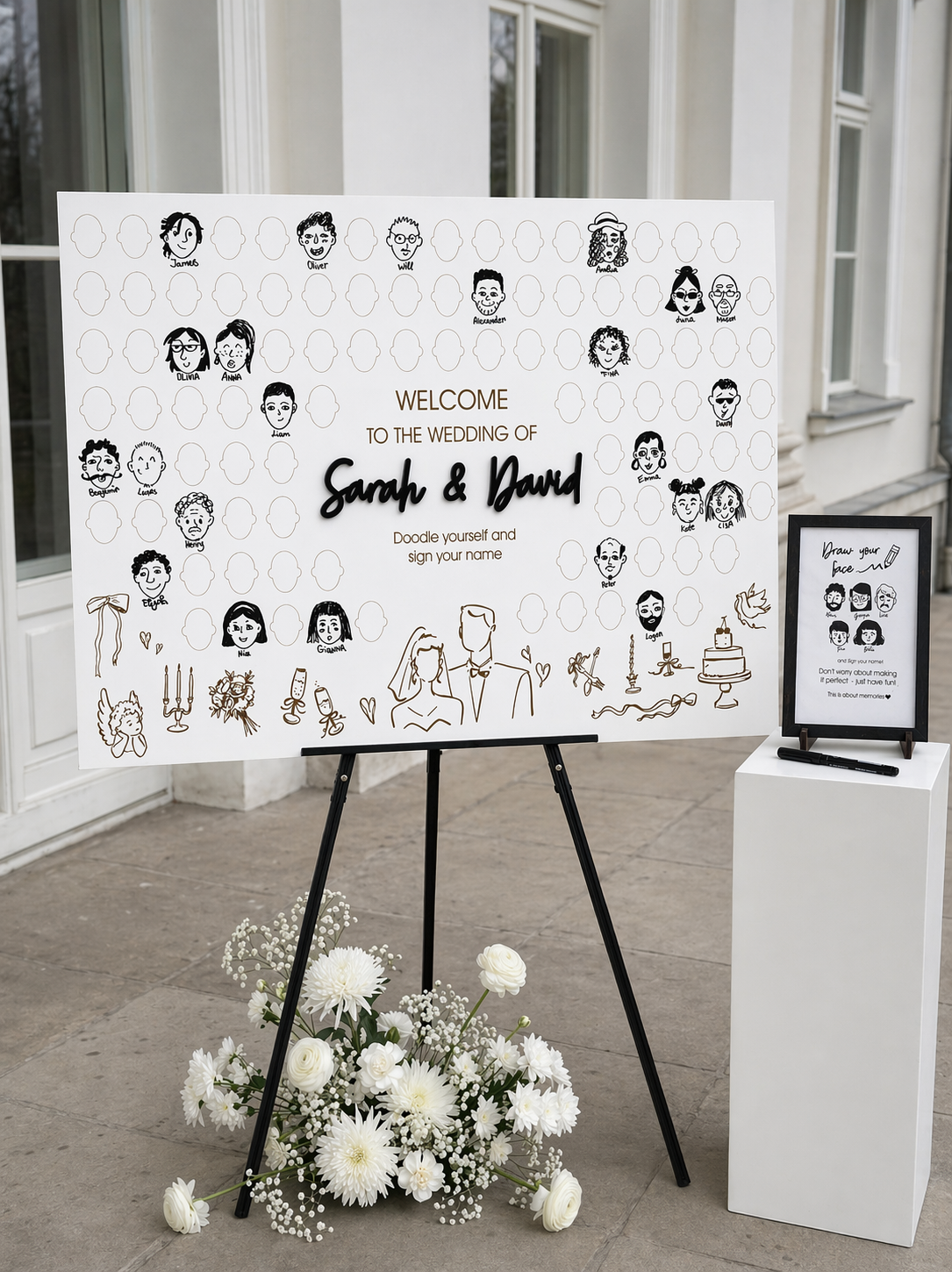 Rectangular wooden wedding guest book close-up showing frames
