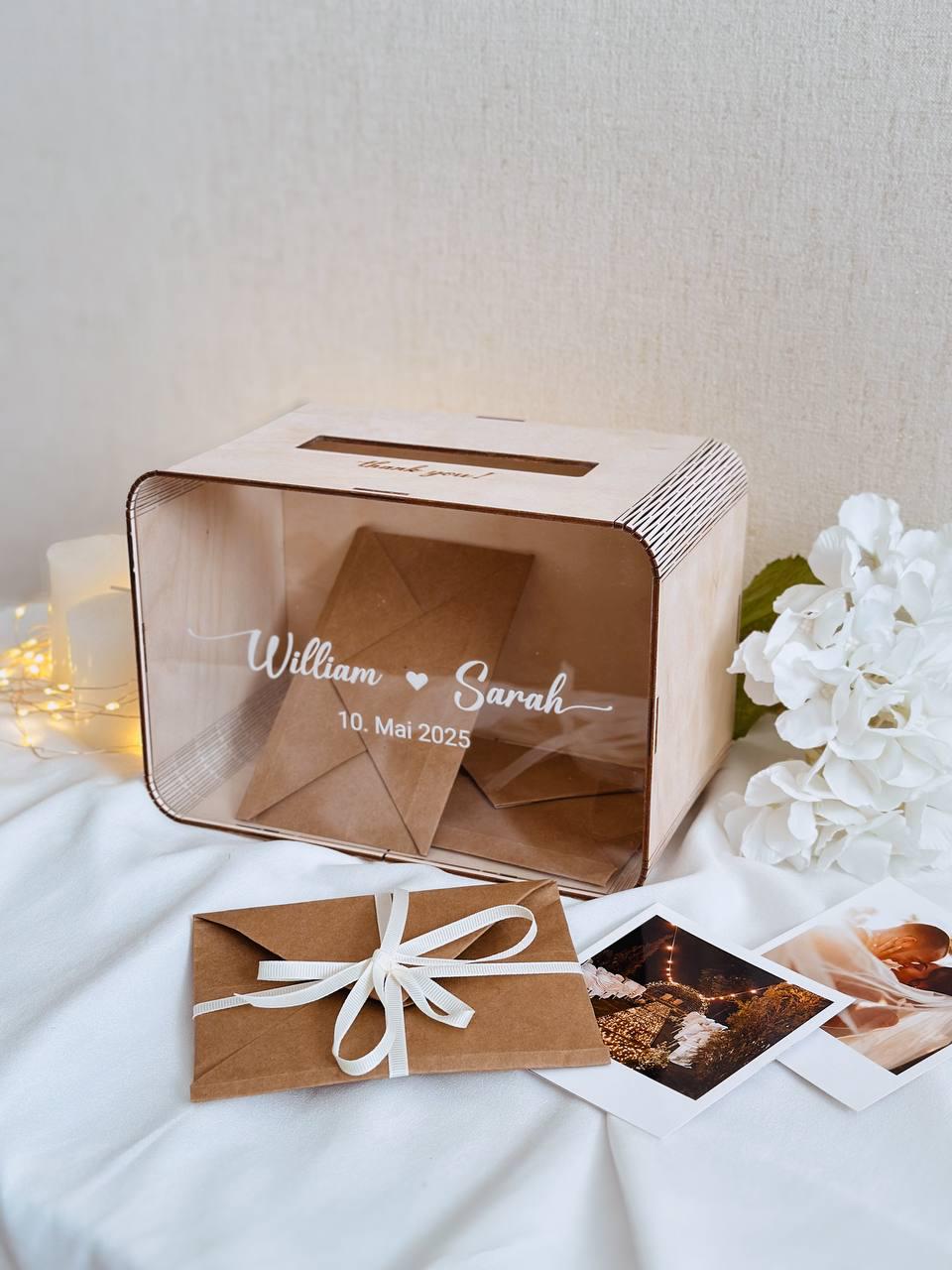 Natural wood wedding card box personalized with names and wedding date