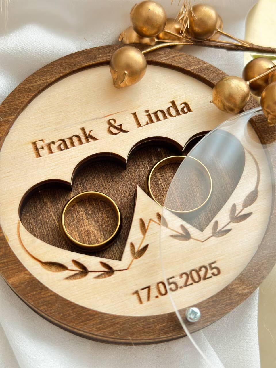 Personalized Round Wooden Ring Box with Double Heart Cutout | Custom Name & Date Engraving | Wedding Ring Bearer Box | Rustic Ceremony Ring Holder