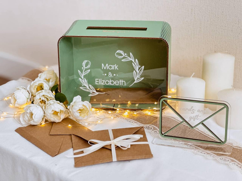 Personalized wedding card box with lock in sage green color