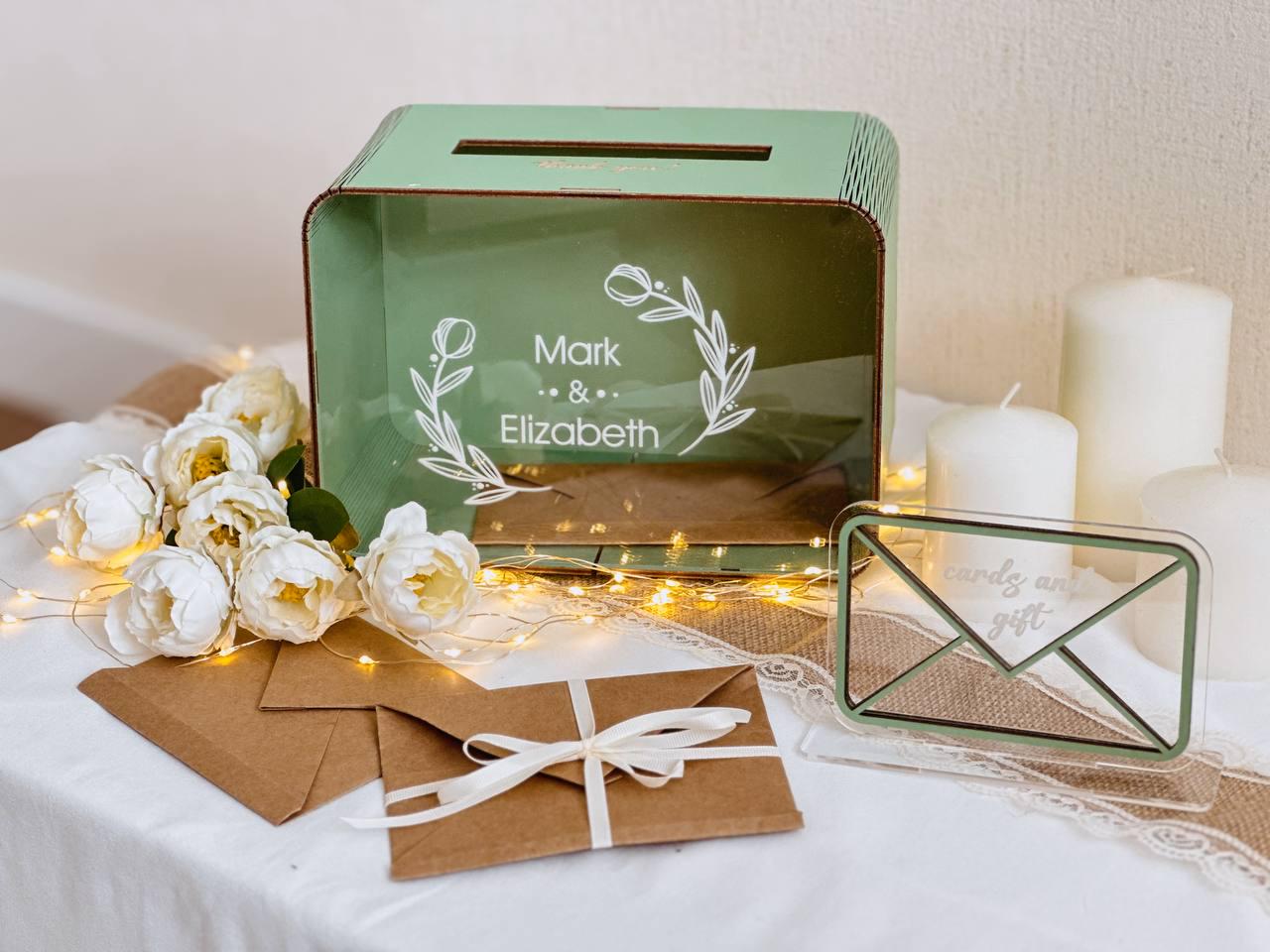 Personalized wedding card box with lock in sage green color