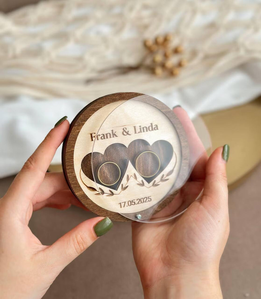 Personalized Round Wooden Ring Box with Double Heart Cutout | Custom Name & Date Engraving | Wedding Ring Bearer Box | Rustic Ceremony Ring Holder