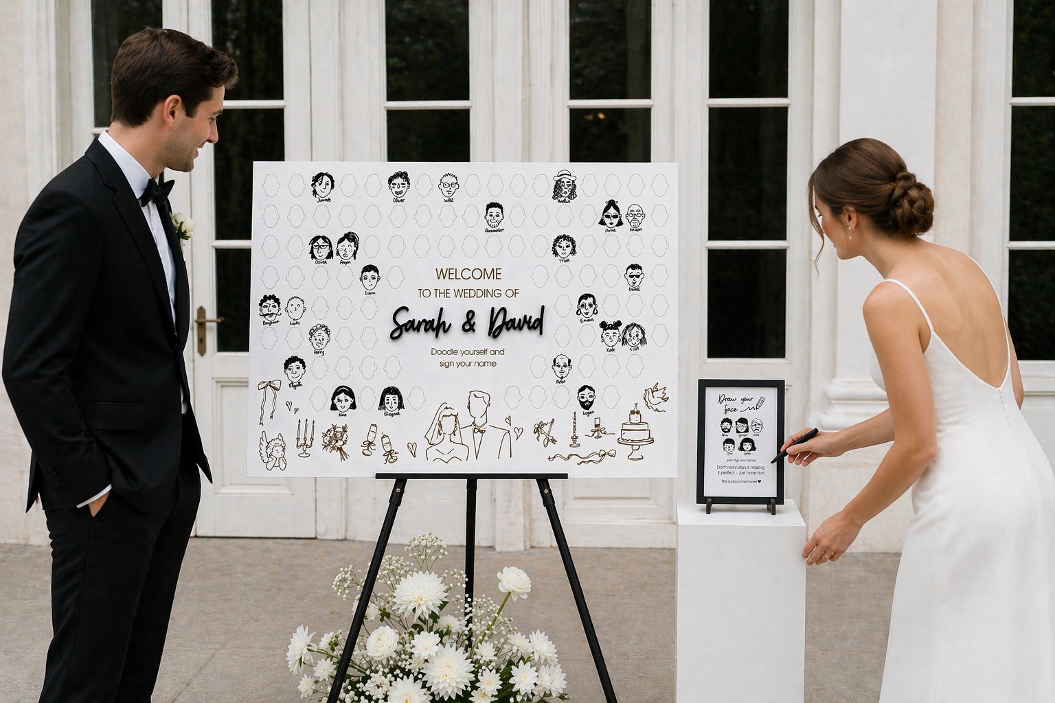 Rectangular draw your face wedding guest book with personalized sign