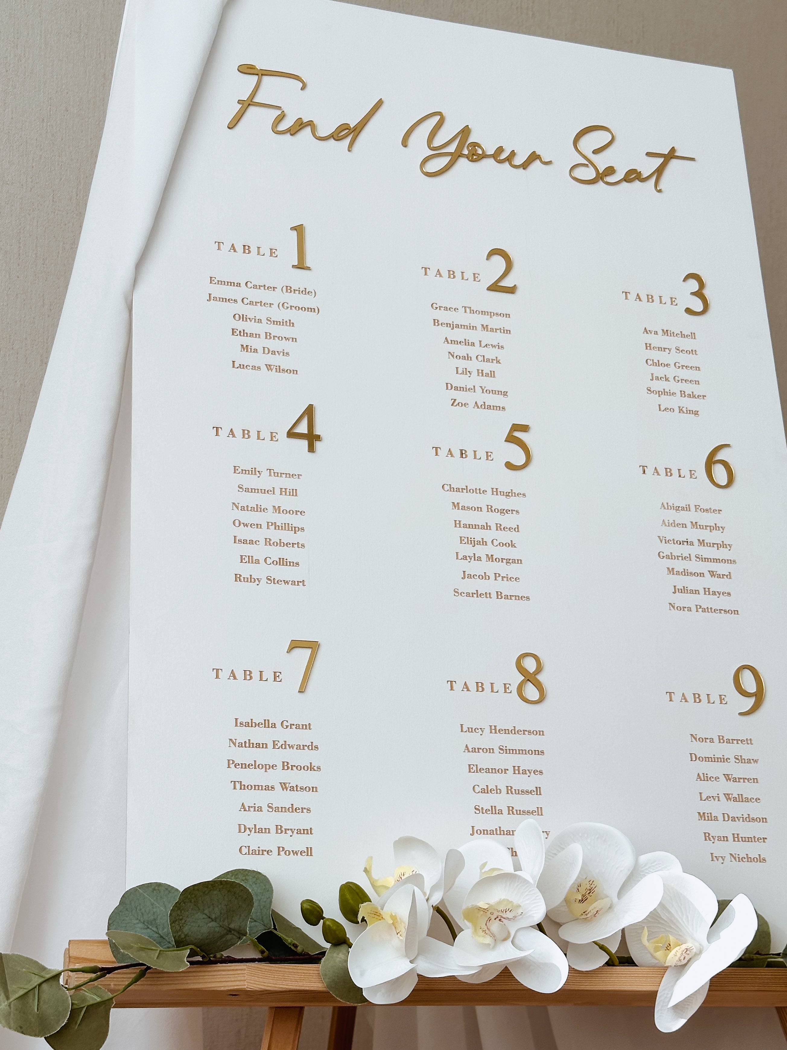 Handmade wedding seating chart for reception display