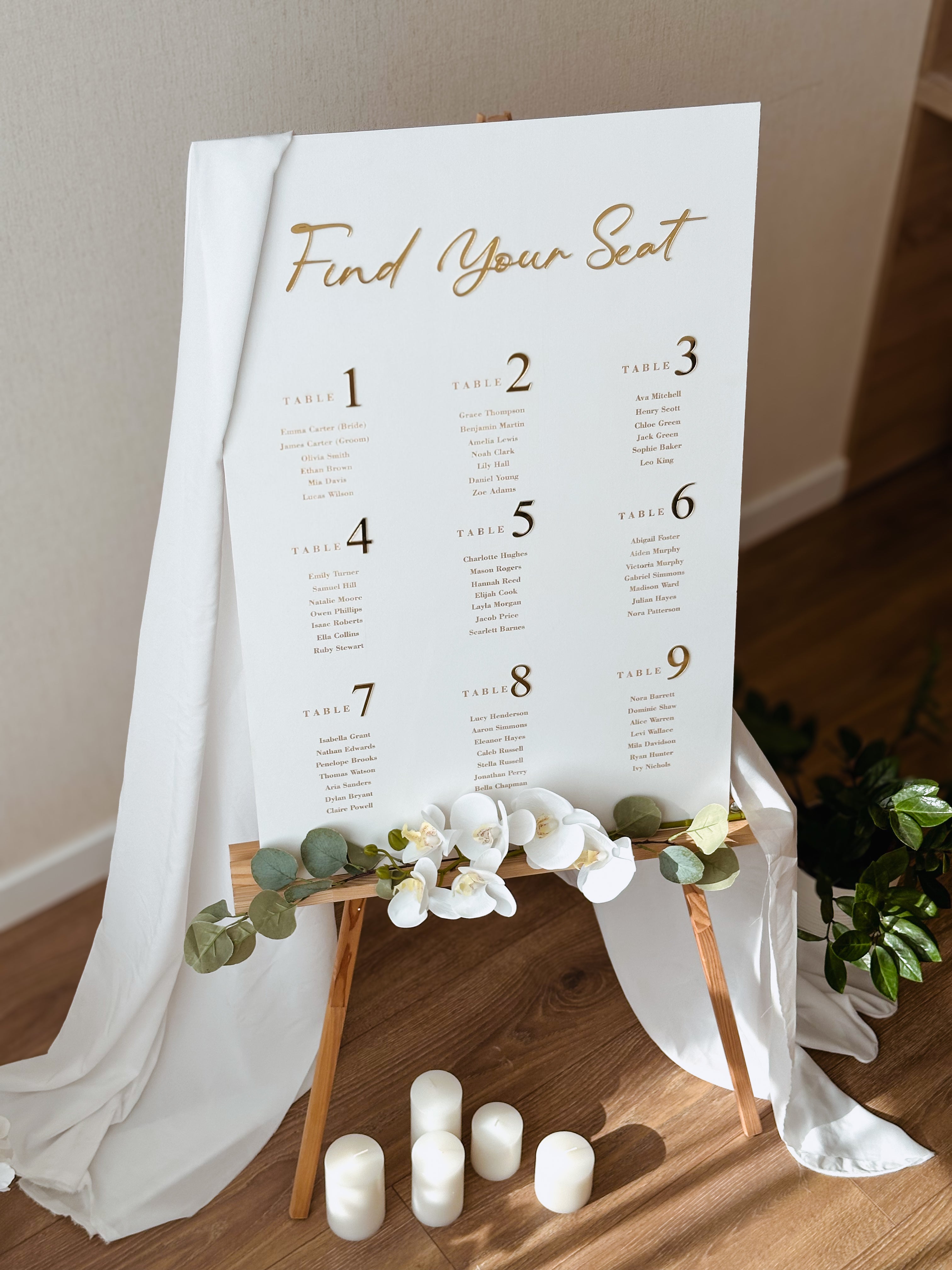 Elegant custom seating chart for wedding guests