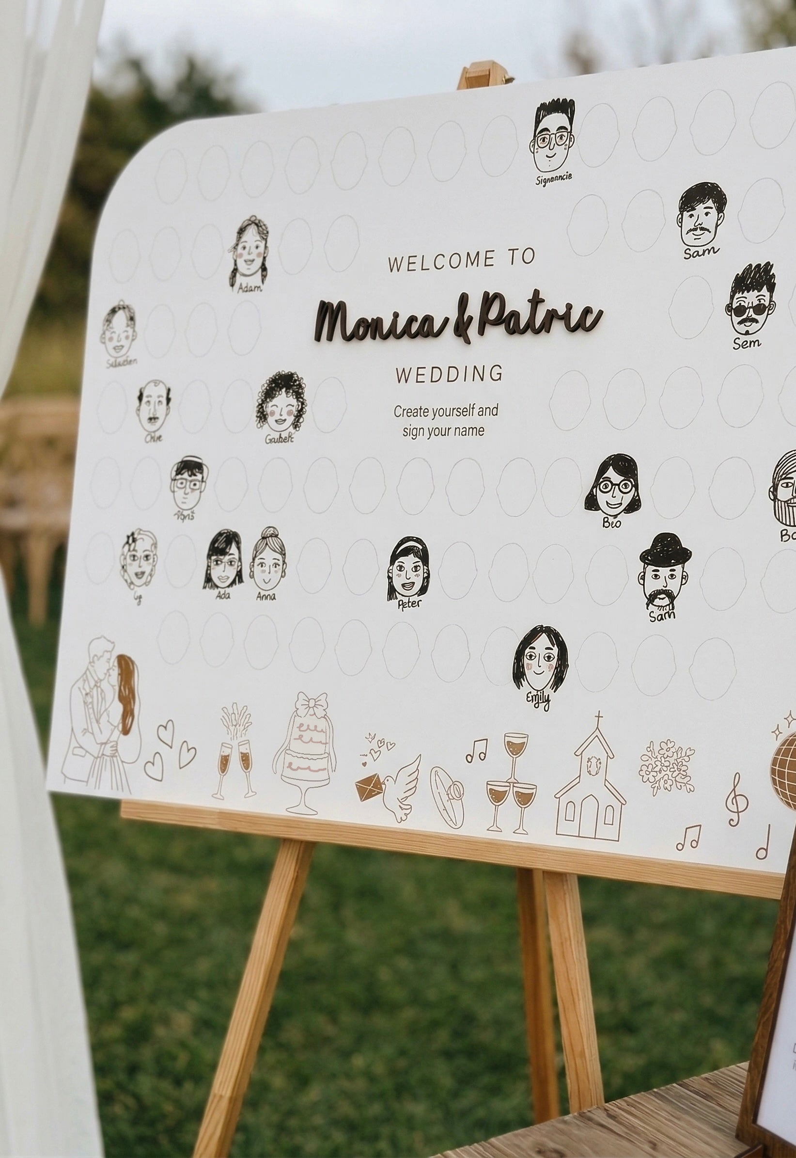 Custom draw your face wedding guest book with personalized sign
