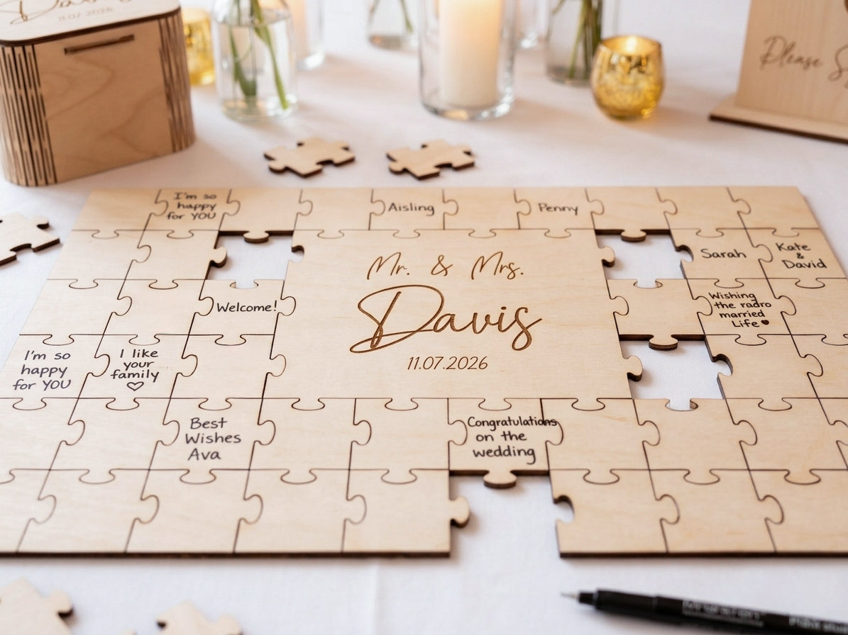 Laser-cut wooden wedding puzzle guest book close-up detail
