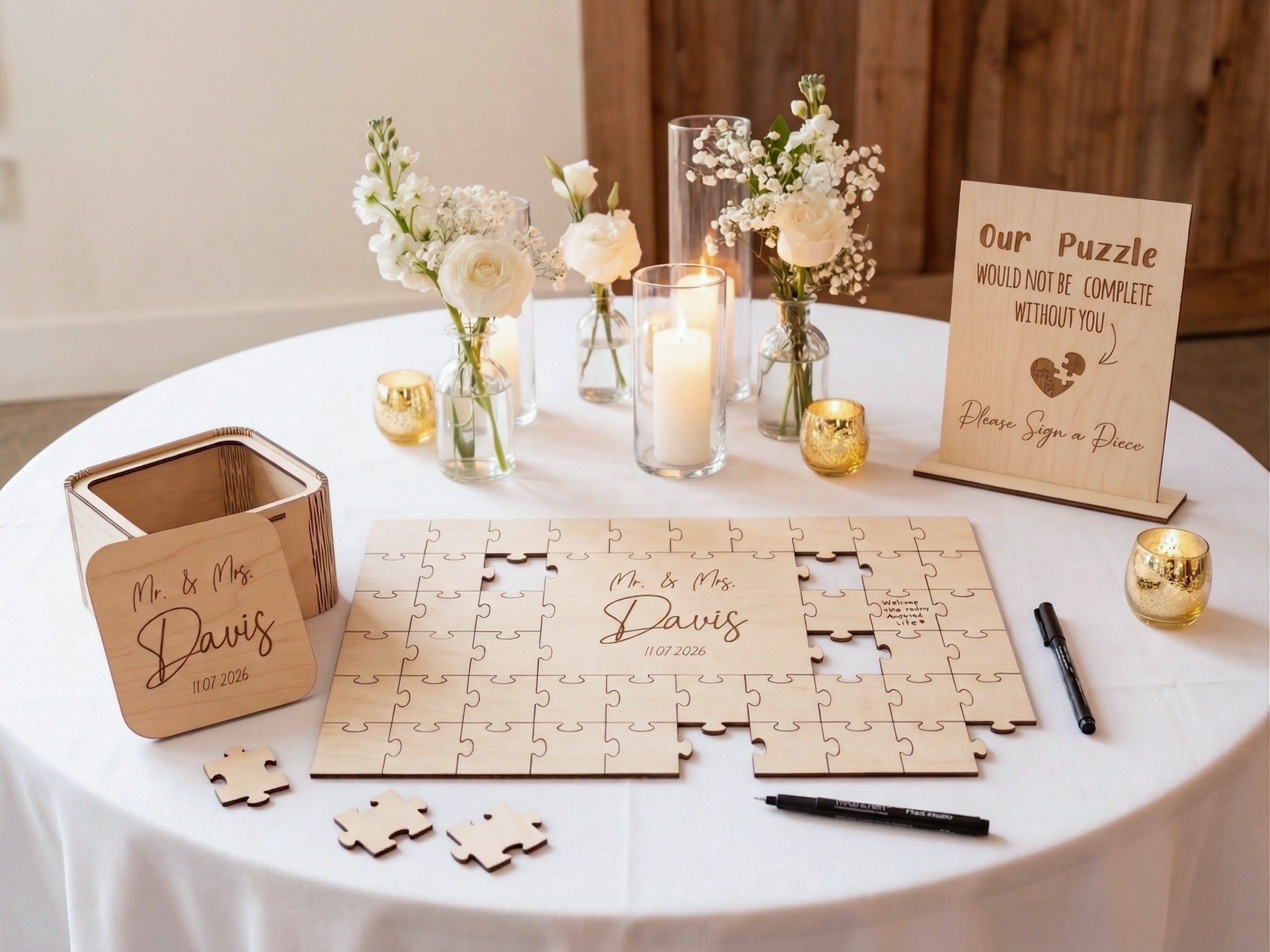 Personalized wooden wedding puzzle guest book where guests sign pieces
