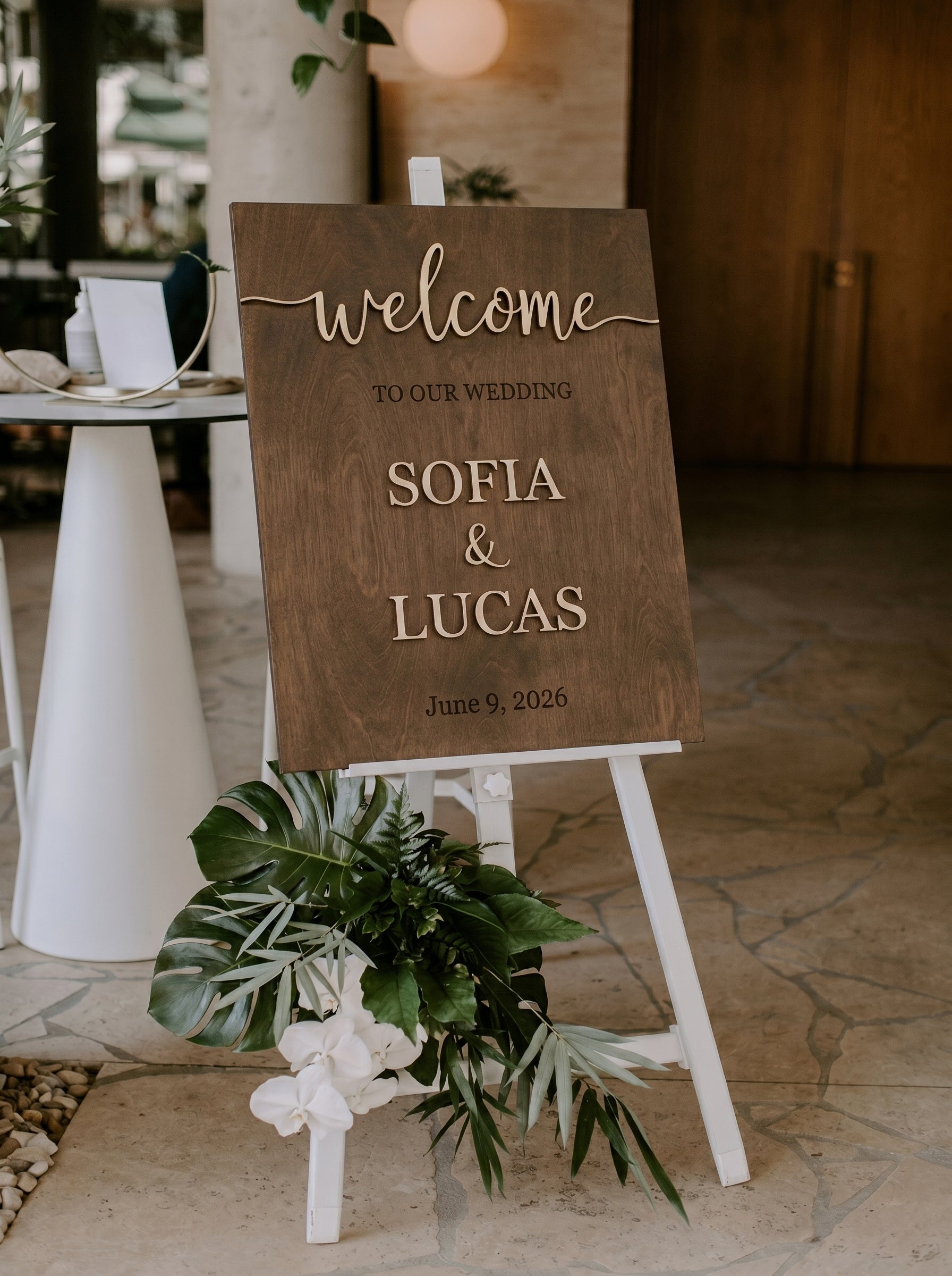 Personalized wooden welcome board close-up engraving detail
