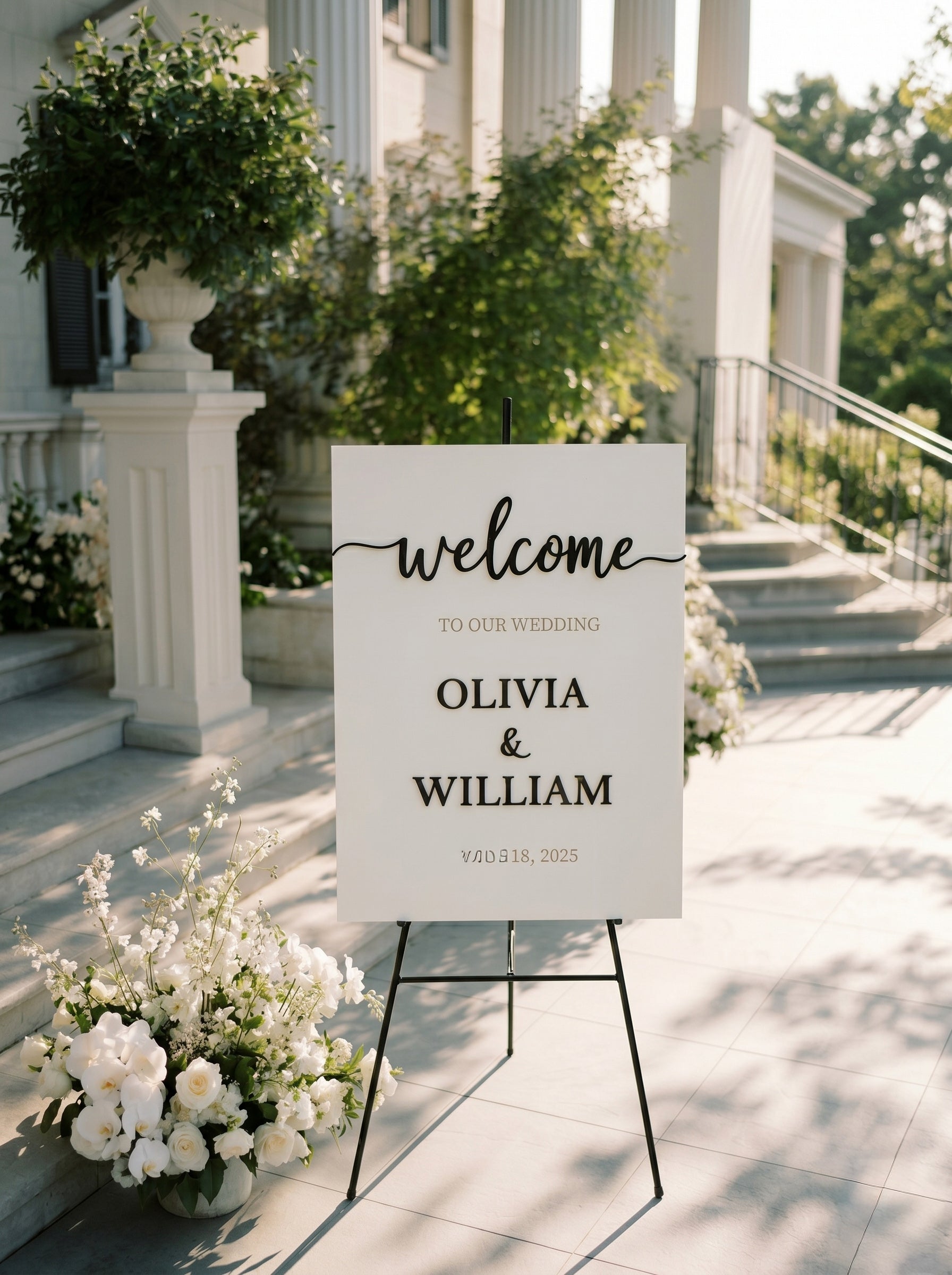 Handmade wooden wedding welcome board in white
