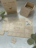 Laser-cut wooden wedding puzzle guest book close-up detail

