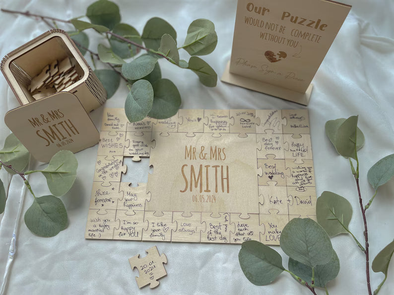 Handmade wooden wedding puzzle guest book set with box
