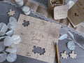 Wedding puzzle guest book pieces showing guest signatures
