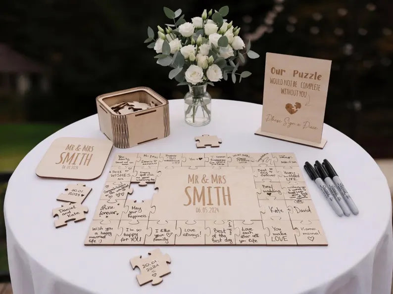 Laser-cut wooden wedding puzzle guest book close-up detail
