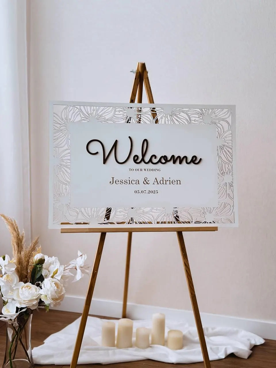 3D floral laser-cut wedding welcome sign in white wood
