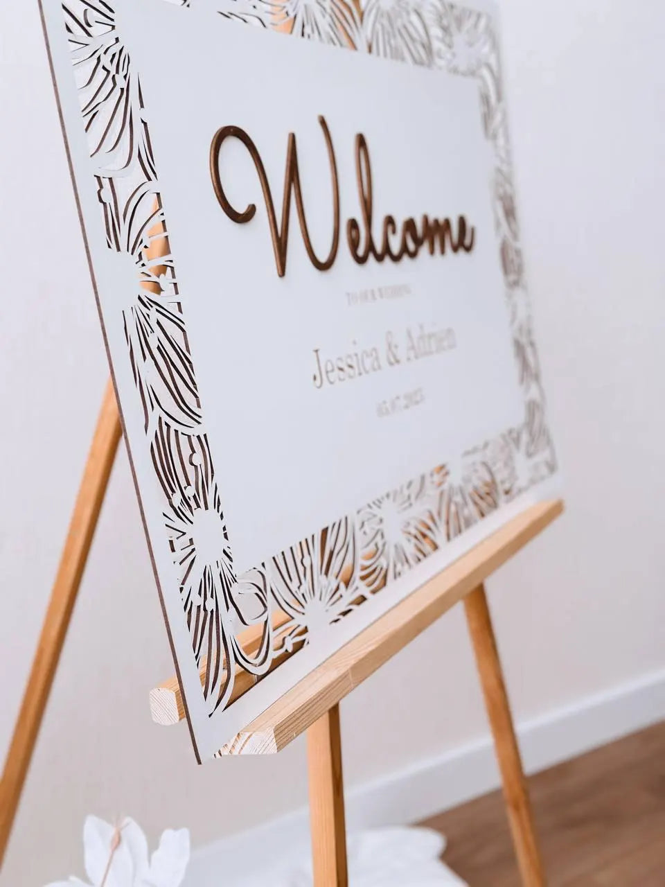 Handmade botanical wedding welcome sign with 3D flower details
