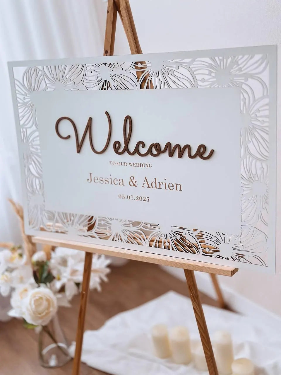 White wood floral wedding welcome sign medium size
