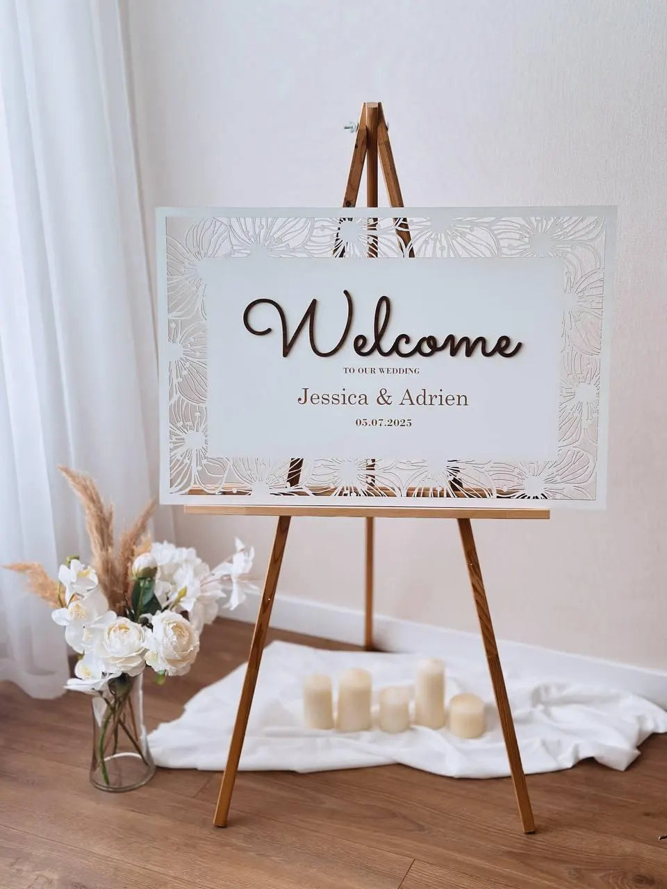 3D laser-cut floral wedding sign close-up detail
