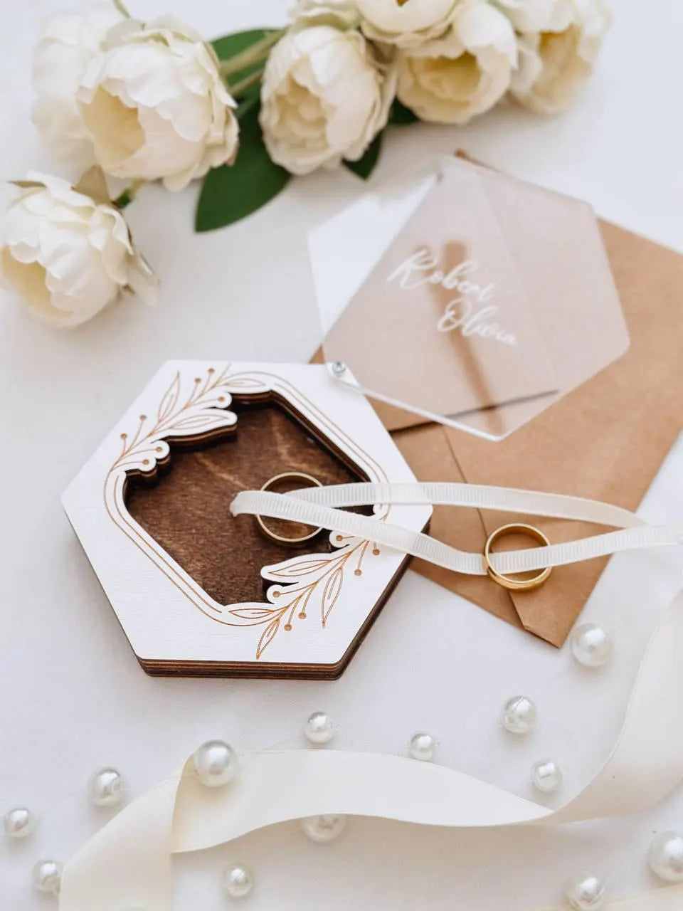 Custom hexagonal ring box with acrylic window for proposals
