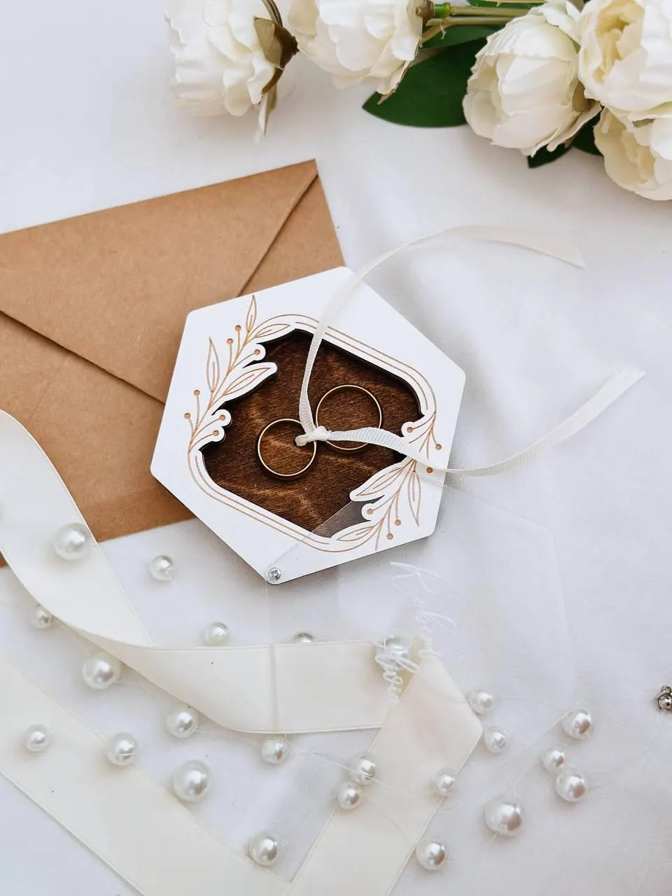 Handmade hexagonal wedding ring bearer box with engraved lid
