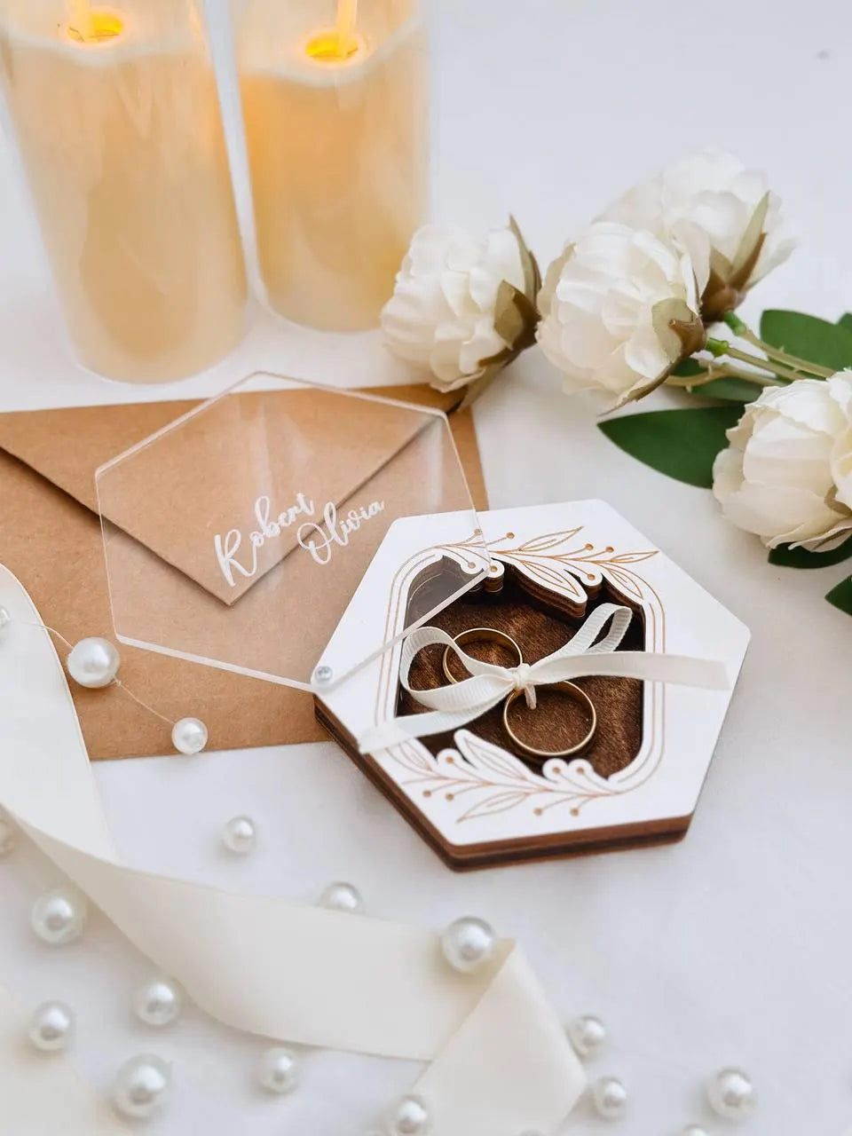Custom ring box with acrylic window close-up detail
