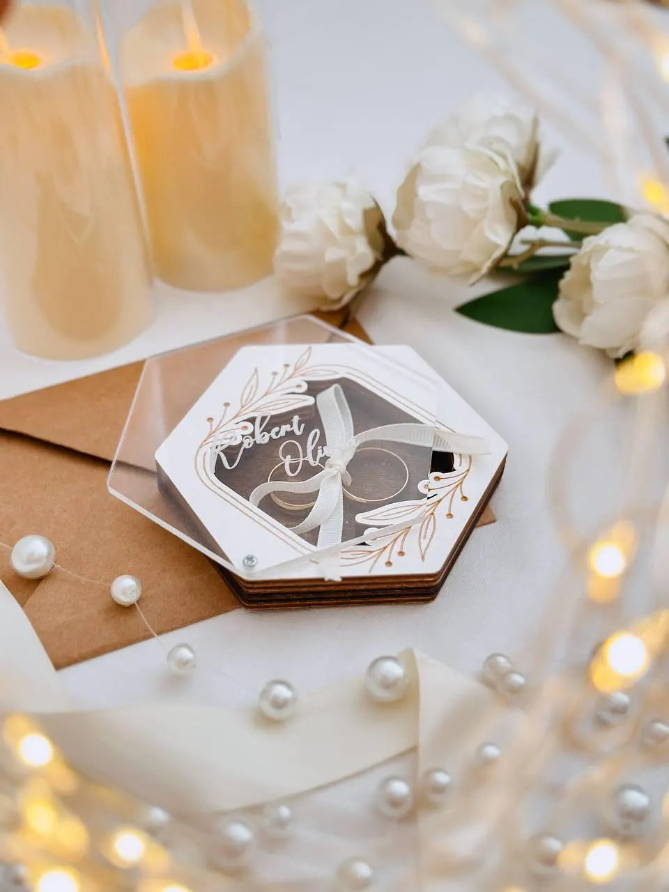 Personalized proposal ring box hexagonal shape top view
