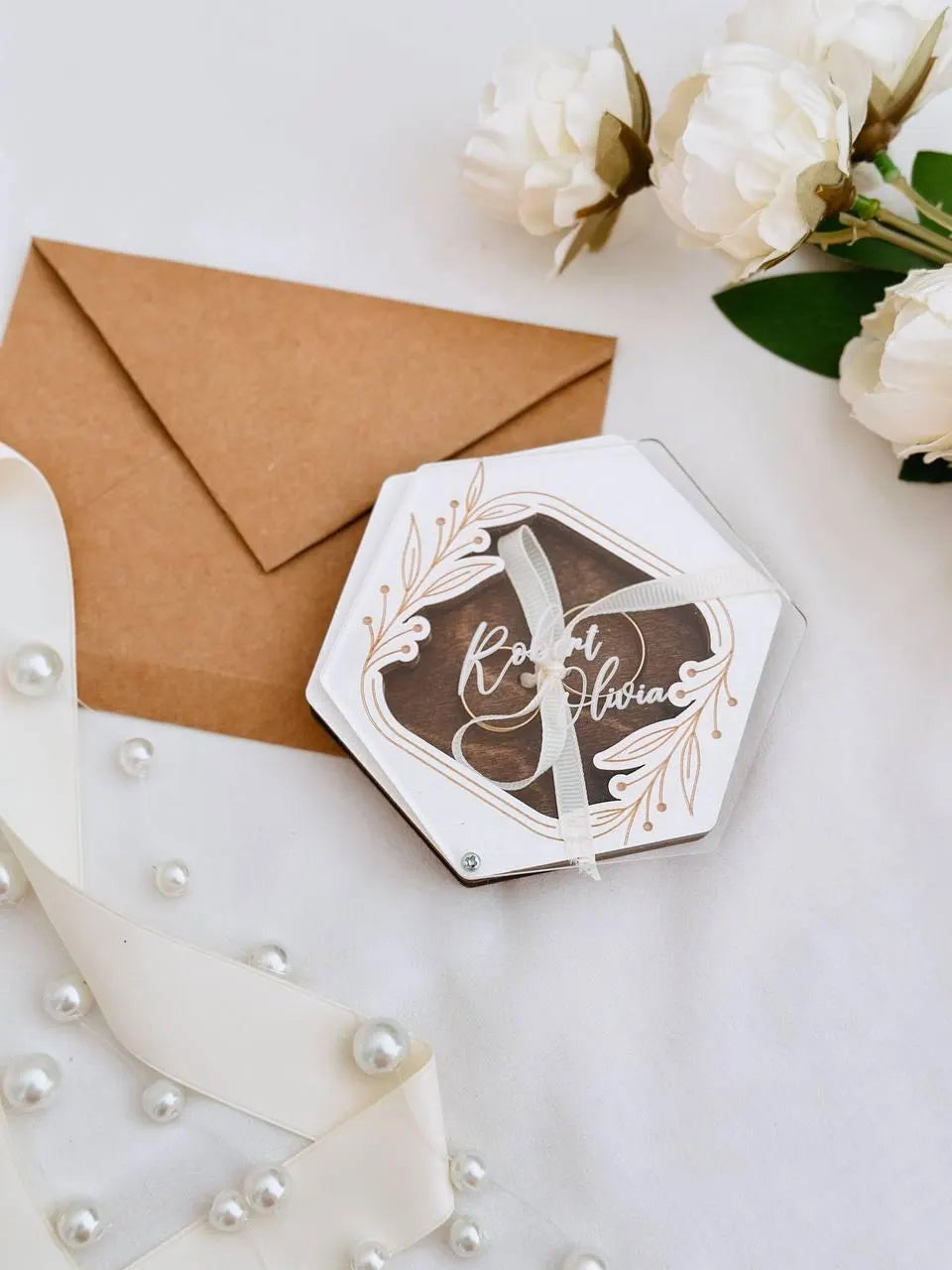 Personalized Ring Box with Custom Name Engraving | Hexagonal Wedding Ring Box | Proposal Ring Box | Acrylic Window Keepsake Box