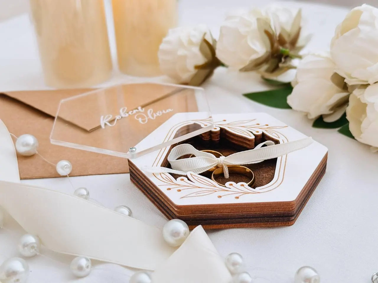 Personalized Ring Box with Custom Name Engraving | Hexagonal Wedding Ring Box | Proposal Ring Box | Acrylic Window Keepsake Box