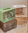 Personalized wedding card box in all 4 colors - sage green, white, natural wood and dark wood