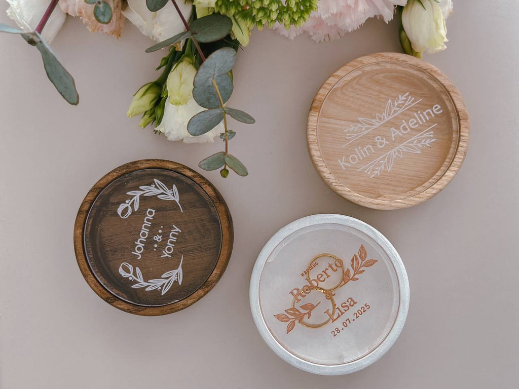 Personalized round wooden ring box for wedding ceremony
