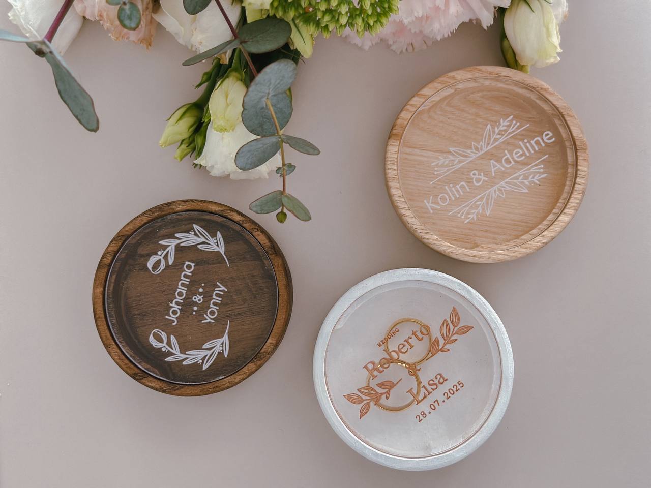 Personalized round wooden ring box for wedding ceremony
