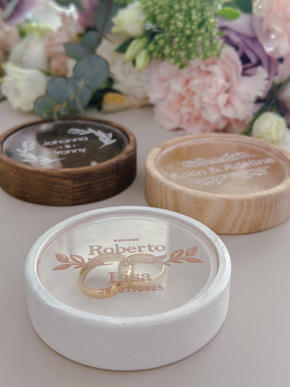 Round Wedding Ring Box | Personalized Wooden Ring Bearer Box
