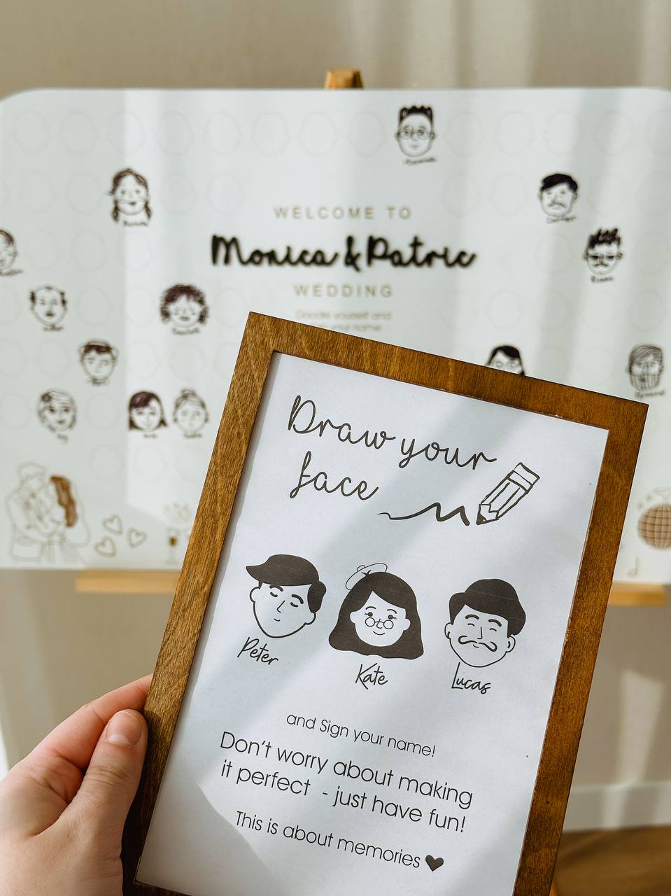 Draw your face wedding guest book close-up showing oval frames
