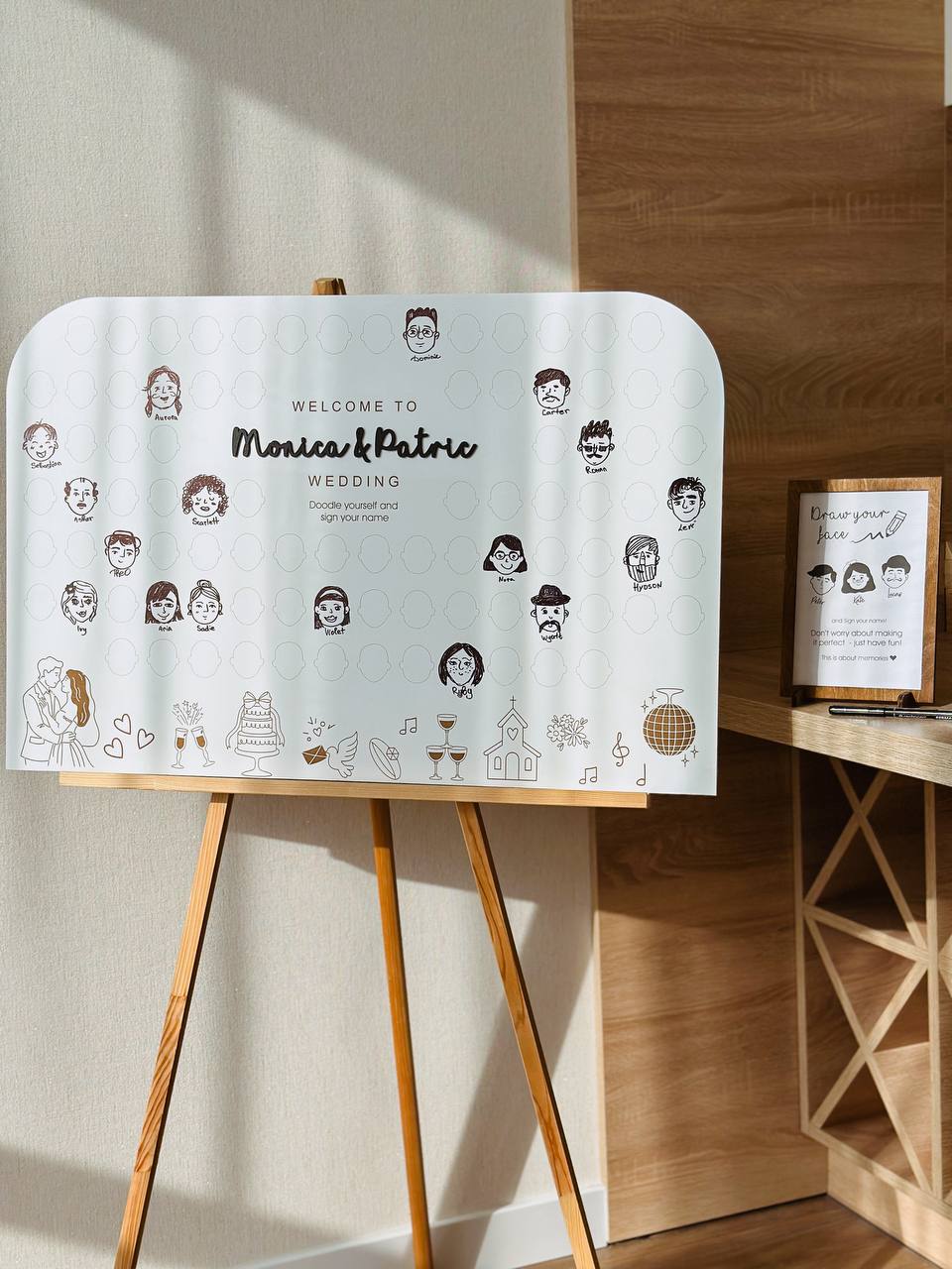 Draw your face wedding guest book wooden sign with oval frames
